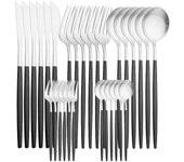 Juego de vajilla plateada y negra mate, 30 Uds., cuchillo de acero inoxidable, tenedor para pastel, cuchara de té, cubiertos, juego de vajilla de cocina plata