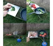 Soporte de estufa plegable para exteriores 2 en 1, parrilla de barbacoa, mesa de Camping, soporte para olla, red para barbacoa de acero inoxidable plata