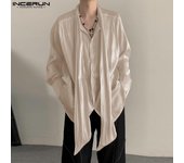 INCERUN Camisas extragrandes de satén de manga larga con cuello con cordones y lazo para hombre S negro