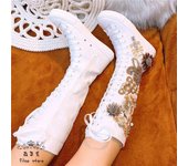 Lujosos zapatos de lona de corte alto hasta la rodilla para mujer, botas de media pantorrilla con cordones, zapatos casuales de tacón plano para mujer, botas altas, zapatos planos de lona 35