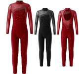 Ropa elegante para niñas, mono de patinaje con espalda hueca decorada con diamantes de imitación brillantes y cuello redondo de manga larga 5-6 Years borgoña