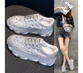 Zapatillas de deporte con plataforma para mujer, otoño 2024, con lentejuelas y diamantes de imitación, con cordones, informales, para correr, transpirables 35 blanco