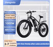 Bicicleta eléctrica shengmilo 1000w motor 26*4,0 pulgadas neumáticos de ancho 48v17Ah batería de litio extraíble MX02S negro