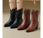 Meotina, Botines de cuero genuino para mujer, puntiagudos, tacón medio grueso, botas cortas occidentales bordadas, zapatos de mujer para Otoño e Invierno 42 34 camello