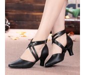 Zapatos de baile latino de moda para mujeres y niñas, zapatos de baile de vals de cuero negro con punta cerrada, zapatos de baile estándar internacional modernos, tacón de 6 cm 34 negro