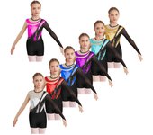 Traje de patinaje artístico para niñas y niñas, leotardo de retazos de malla, mono de manga larga con abertura en la espalda y pantalones cortos 5-6 Years de rosa caliente