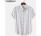 INCERUN Verano Hombres Manga Corta Tops Rayas Camisas Sueltas 2XL azul oscuro