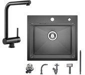 Fregadero de cocina de un seno 50×45CM acero inoxidable negro antracita, grifo mezclador de cocina frente a la ventana abatible