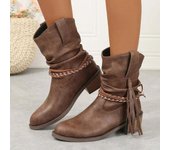 Botas gruesas plisadas para mujer, botas vaqueras de tacón medio, botas Chelsea de otoño e invierno, botas de moto gruesas estilo punk con punta puntiaguda vintage 55 36 marrón