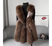 Chaqueta de piel sintética para mujer, chaleco grueso de lujo sin mangas para mujer, abrigo holgado cálido y esponjoso con cordones para mujer L marrón