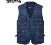 L-6XL Chaleco de algodón multibolsillo para hombre, talla grande, informal, con muchos 14 bolsillos, chaquetas sin mangas, chaleco para fotografía al aire libre L azul