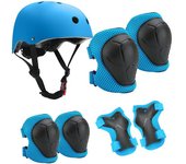 Juego de 7 piezas de equipo de protección para ciclismo infantil, patines, monopatines, bicicletas, scooters, cascos ajustables, rodilleras, coderas y protectores de muñeca. azul