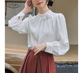 Elegante Oficina señora flor decoración satén blusa gasa camisa mujeres Tops otoño cuello alto ropa de manga larga 23174 S verde