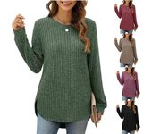 Tops de manga larga para mujer, jerseys de cuello redondo de talla grande, jersey de color liso con abertura lateral, camiseta tipo túnica L negro