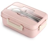 Fiambrera para microondas, vajilla de paja de trigo, contenedor de almacenamiento de alimentos, caja Bento portátil para escuela y oficina para niños color rosa