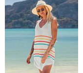 Vintage de punto a rayas Bikini Cover Up Sexy V Cuello Cordón Laceback Tank Top Mini Vestido Verano Mujeres Playa Traje de baño suelto Cubrir Q1405 One Size blanco