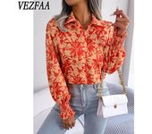 VEZFAA Blusas y camisas con cuello tipo POLO de manga larga con estampado de flores informales para primavera y otoño para mujer S naranja