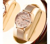 Relojes de marca para mujer, reloj de pulsera de malla de oro rosa de lujo, reloj de pulsera de cristal Simple resistente al agua con fecha y diamantes a la moda para mujer blanco