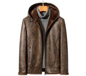 Nueva chaqueta de cuero genuino de invierno para hombre, chaqueta de piel de becerro más terciopelo grueso para papá, chaqueta de cuero con capucha para hombre M negro