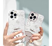 Funda de teléfono de vidrio líquido para Apple 12, 15, 11, i14, mini, 7P con diseño de gato color melocotón para parejas: temática de té con leche con todo incluido. iPhone15PRO