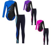 Ropa de patinaje para niñas, leotardo con cuello simulado de manga larga y mallas, conjunto para entrenamiento de baile, 2 uds. 13-14 Years azul