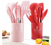 Juego de utensilios de cocina de silicona rosa, utensilios de cocina resistentes al calor, utensilios de cocina antiadherentes, herramientas para hornear con caja de almacenamiento, 12 Uds. color rosa