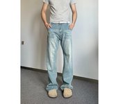 Pantalones vaqueros de color claro lavados de estilo urbano americano para hombre y mujer, de pierna recta, ligeramente acampanados, holgados y de pierna ancha, para otoño e invierno. S azul