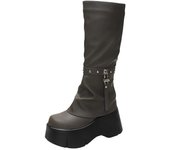 Botas largas de moto para mujer, botines cálidos hasta la rodilla de cuero, con suela gruesa y plataforma, para otoño e invierno 34 verde