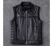 Nuevo Chaleco de cuero de vaca auténtico para hombre, chalecos para motociclista, chaquetas sin mangas con cuello levantado de alta calidad, chaleco con cremallera XXXXXL