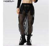 INCERUN Pantalones largos cargo elásticos transparentes de malla para hombre L negro