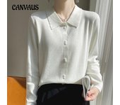 Suéter de punto de manga larga de color liso clásico con cuello tipo polo y una hilera de botones y doble botonadura para mujer de primavera y otoño M blanco