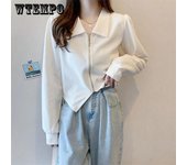Abrigo corto de cuello polo para mujer, tallas grandes, cremallera irregular, manga larga, top de punto M negro