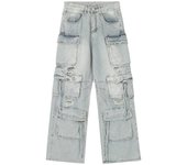 Pantalones vaqueros de trabajo funcionales con múltiples bolsillos, pantalones de pierna recta ancha y holgados con agujeros lavados estilo punk de moda para hombre S negro