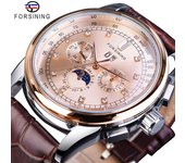 Forsining Moon Phase Movimiento Shanghai Caja de oro rosa Correa de cuero genuino marrón Relojes para hombre Reloj automático de lujo de primeras marcas oro rosa/oro