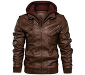 Chaqueta de cuero retro de motocicleta PU chaqueta con capucha extraíble de otoño e invierno para hombre S gris