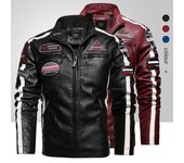 Chaqueta de moto Vintage para hombre, nueva chaqueta de cuero para motorista, abrigo Bomber bordado para hombre, abrigo de lana de Pu para invierno XL rojo