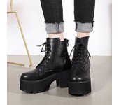 Botas hasta el tobillo para mujer, tacón alto, Material de cuero suave, con cordones, botas Demonia para mujer, tacón de plataforma grueso, estilo callejero 35 negro