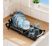 Escurreplatos con soporte para cubiertos, gran capacidad, resistente, extensible, con escurridor. negro
