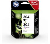 Paquete de 2 cartuchos de tinta originales HP 304 negros y tricolores (3JB05AE) para DeskJet 2620/2630/3720/3730 envidia 5020/5030