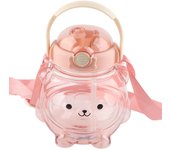 Botella de agua grande de 1000 ml con forma de oso de dibujos animados, portátil, con correa de pajita para verano. color rosa