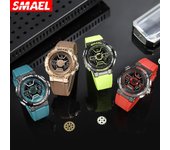 Reloj Digital deportivo SMAEL azul claro para hombre, reloj de pulsera de cuarzo con cronógrafo y pantalla de doble horario resistente al agua con fecha automática y semana 8067 With Packaging Box marrón