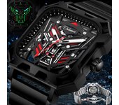 Reloj de pulsera para hombre con esfera cuadrada hueca tridimensional, moderno, luminoso, resistente al agua, de acero inoxidable, mecánico automático rojo