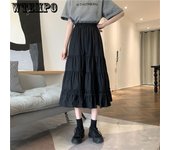 Falda larga plisada gótica negra de Lolita para mujer, faldas por debajo de la rodilla Harajuku de cintura alta Vintage con volantes, ropa de calle coreana de verano One Size negro