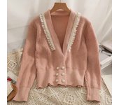 Suéter de punto de manga larga con doble botonadura y encaje para mujer, chaquetas ajustadas de invierno, 25536 One Size color rosa