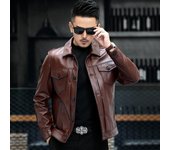 Chaqueta de cuero genuino para hombre, chaqueta de cuero de motocicleta con solapa de piel de vaca de capa superior, chaqueta de cuero para hombre atractiva de tendencia L