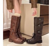 Botas de motociclista Y2K vintage de color marrón con diseño de marca para mujer, zapatos de invierno con correas de cinturón negras, botas altas hasta la rodilla estilo Wasteland 35