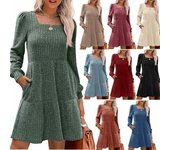 Vestido de manga larga con cuello cuadrado y mangas farol para mujer, muy vendido S negro