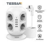 Regleta múltiple TESSAN Tower, enchufe Vertical UE, 8 enchufes con 4 puertos USB, Protector contra sobretensiones, protección contra sobrecarga, cable de extensión de 2m 8 Outlets & 4 USB Ports blanco