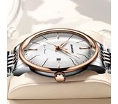 Reloj para hombre, nuevo, con pantalla curva, hebilla de mariposa, acero inoxidable, resistente al agua, luminoso, ultrafino, de moda, para negocios, calendario automático oro/blanco