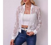 Chaqueta elegante informal con cremallera frontal y retazos de encaje para mujer de otoño/invierno S blanco